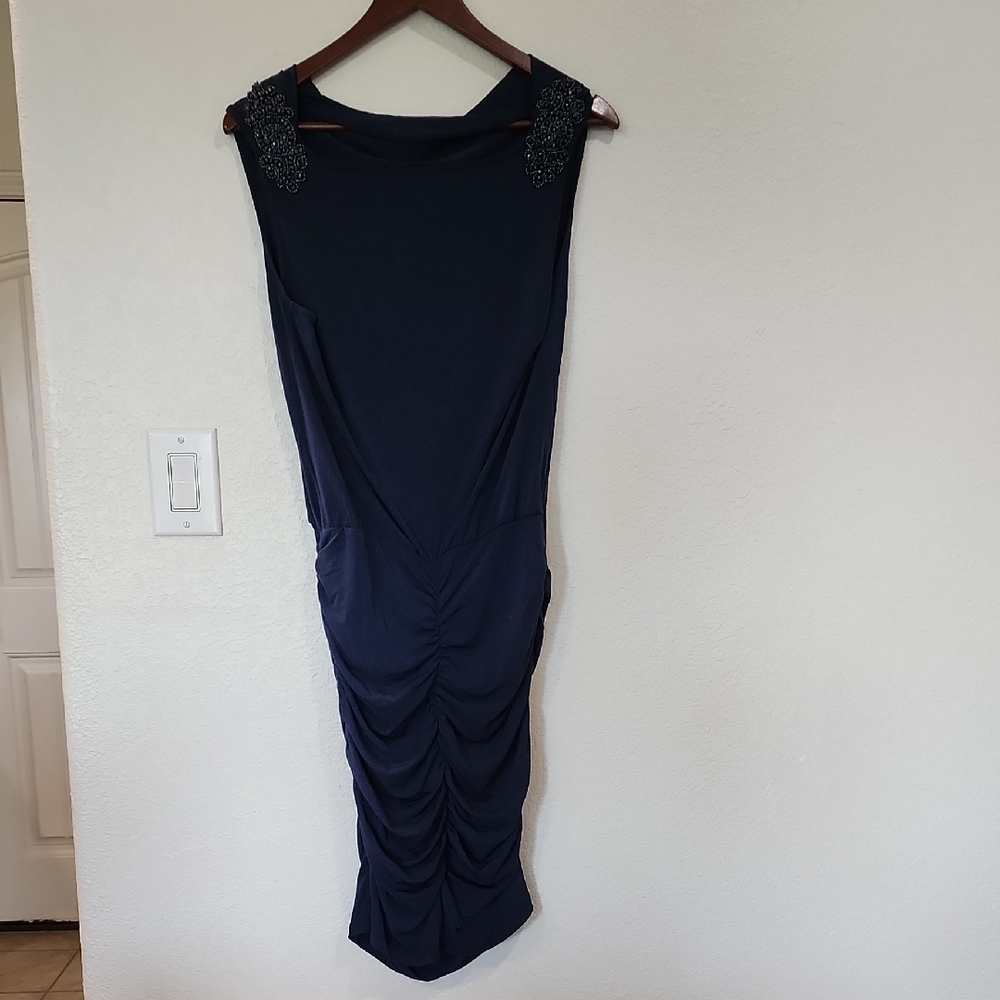 Elegant Navy Dress with Embellished Shoulders